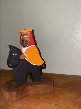 Hand-Painted Wood Rider Figurine in Black, Red, and Orange